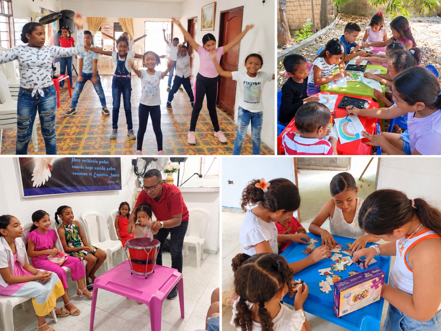 Collage de cuatro fotografías reales de niños de la Fundación participando en actividades formativas