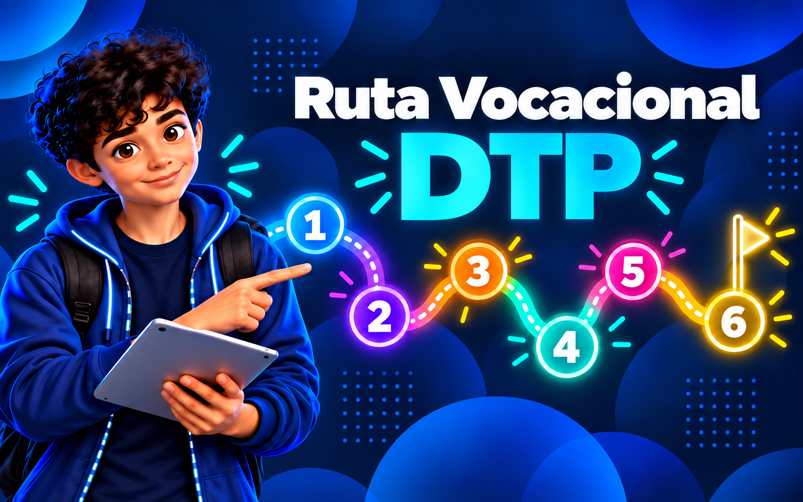 Ruta Vocacional DTP con el avatar y un recorrido conectado del 1 al 6
